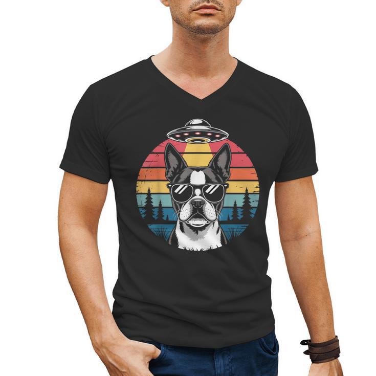 Boston Terrier UFO Alien Boston Terrier Dog Mom Dad Men's V-Neck T-Shirt