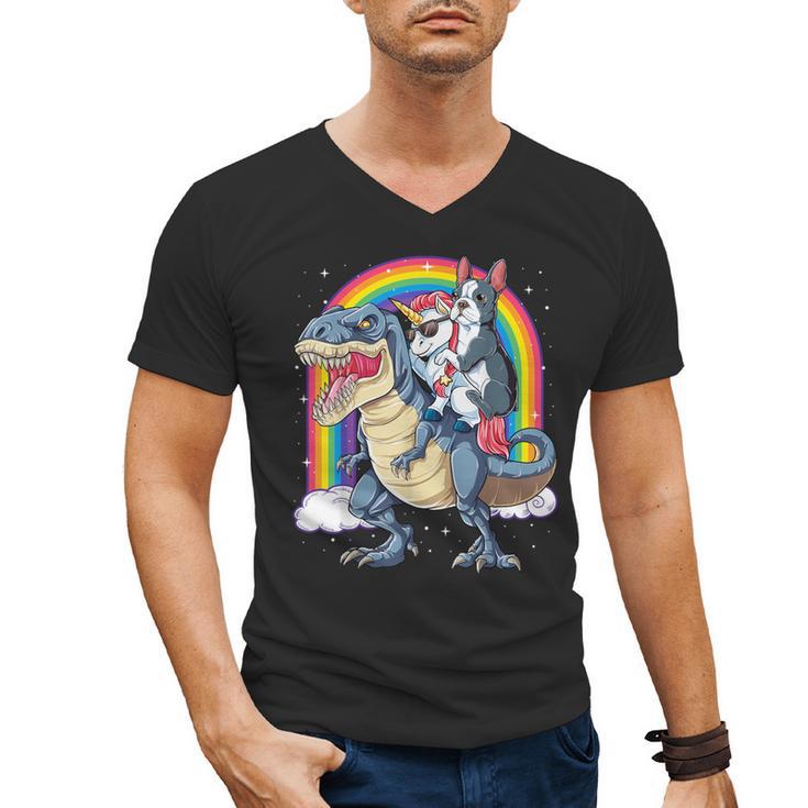 Boston Terrier Unicorn Riding Dinosaur T-Rex Girls Rainbow Men's V-Neck T-Shirt