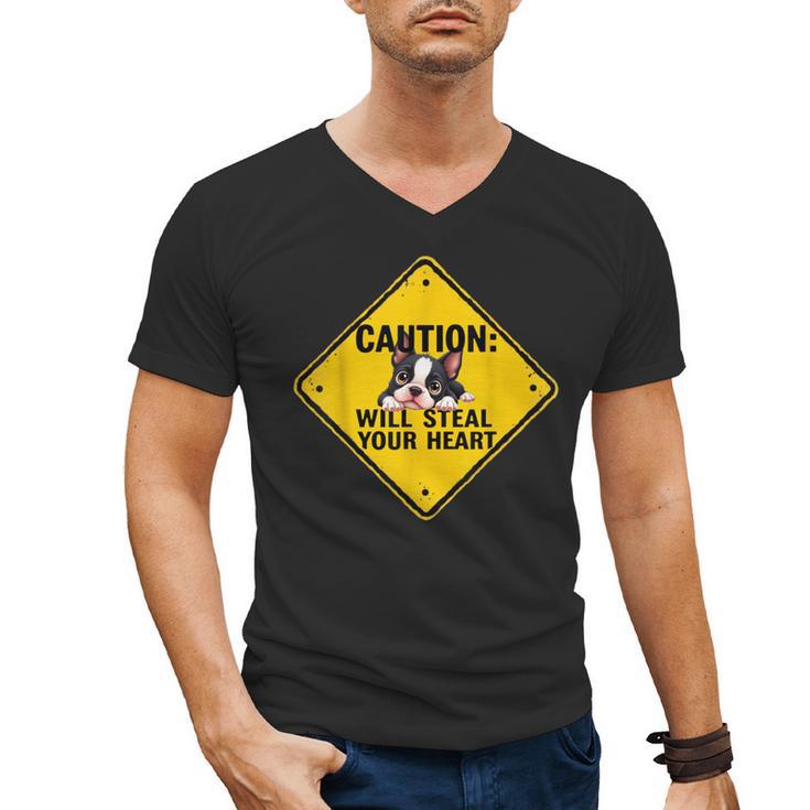 Caution Sign Boston Terrier Dog  Bostie Puppy Men's V-Neck T-Shirt