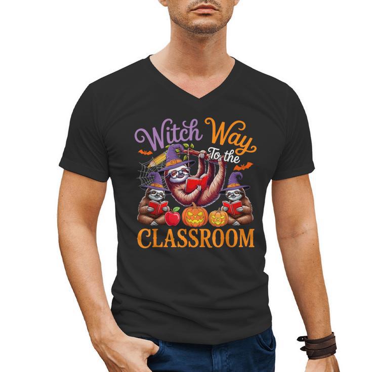 Way To Classroom Halloween Witch Three Cute Sloths Teacher Men's V-Neck T-Shirt