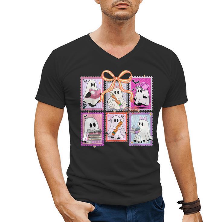 Coquette Bow Spooky Teacher Ghost Halloween Trick Or Teach Men's V-Neck T-Shirt