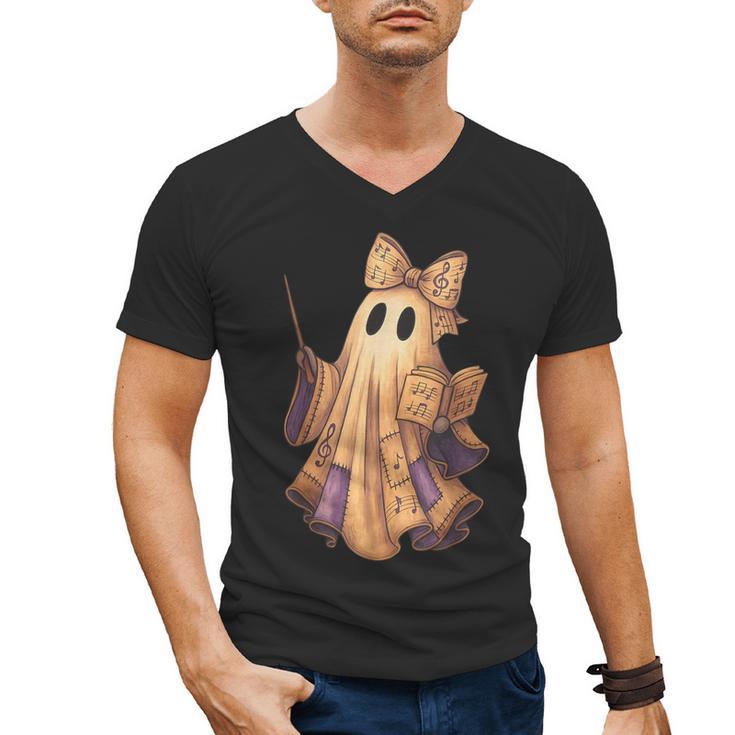Coquette Music Note Patchwork Ghost Music Teacher Halloween Men's V-Neck T-Shirt