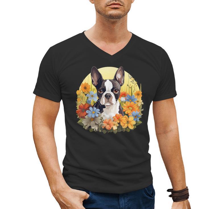 Cute Boston Terrier Spring Flower Garden Colorful Puppy Dog Men's V-Neck T-Shirt