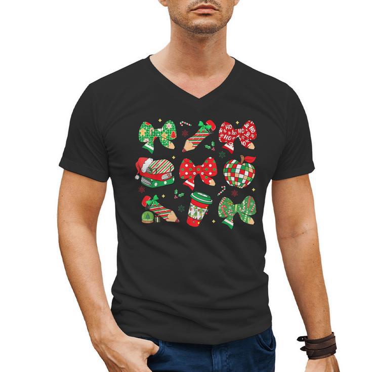 Cute Coquette Pencil Bow Christmas School Teacher Student Men's V-Neck T-Shirt