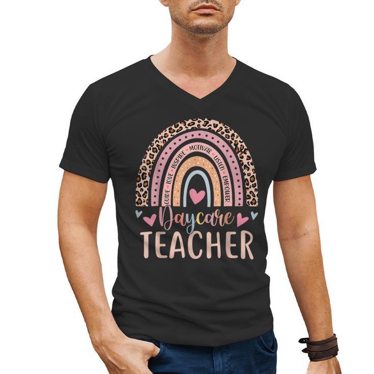 Cute Daycare Teacher Rainbow Leopard Print Childcare Worker Men's V-Neck T-Shirt