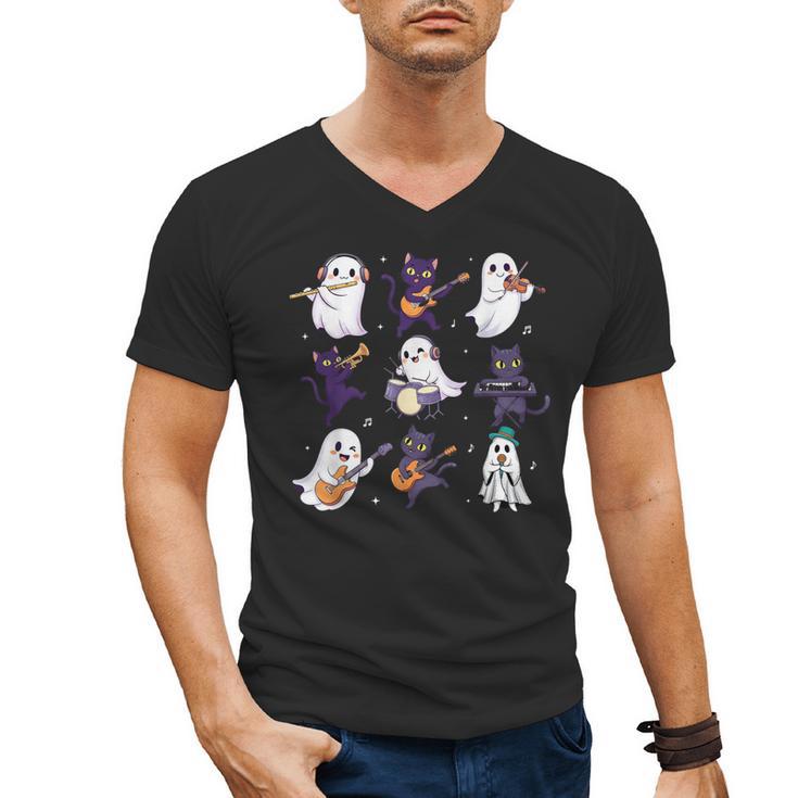 Cute Ghost Cat Playing Musical Halloween Music Teacher Men's V-Neck T-Shirt