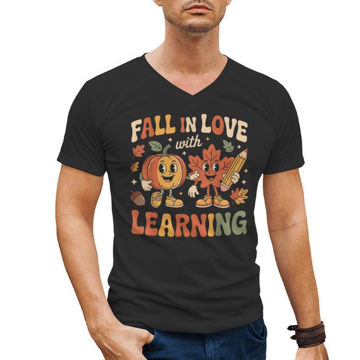 Fall In Love With Learning Retro Autumn Thanksgiving Teacher Men's V-Neck T-Shirt
