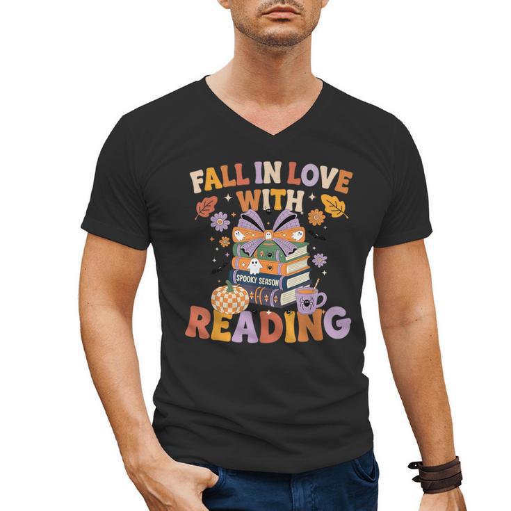 Fall In Love With Reading Halloween Stack Of Book Teacher Men's V-Neck T-Shirt