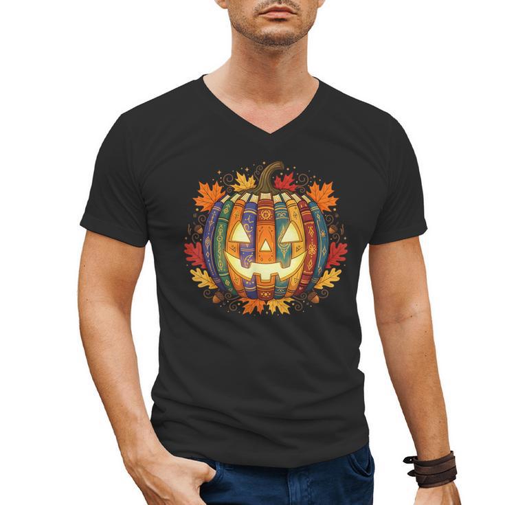 Fall Pumpkin Book Lover Spooky Librarian Teacher Halloween Men's V-Neck T-Shirt