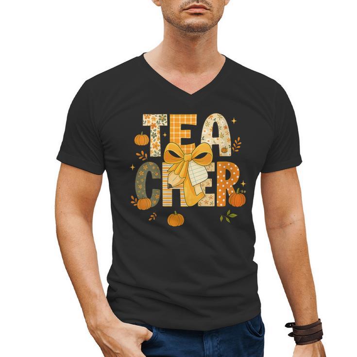 Fall Teacher Pumpkin Coquette Bow Autumn Classroom Men's V-Neck T-Shirt