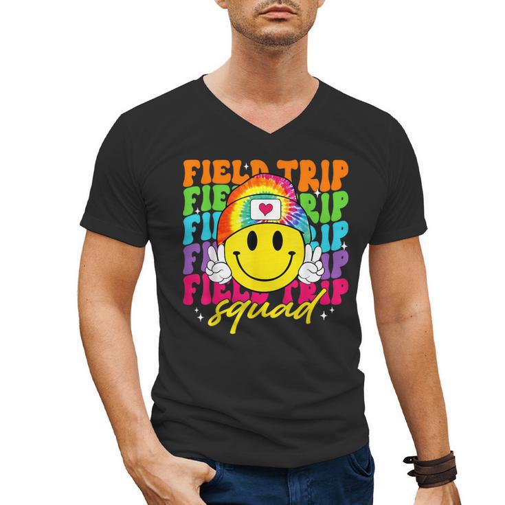 Field Trip Squad Groovy Field Day Smile Face Teacher Tie Dye Men's V-Neck T-Shirt