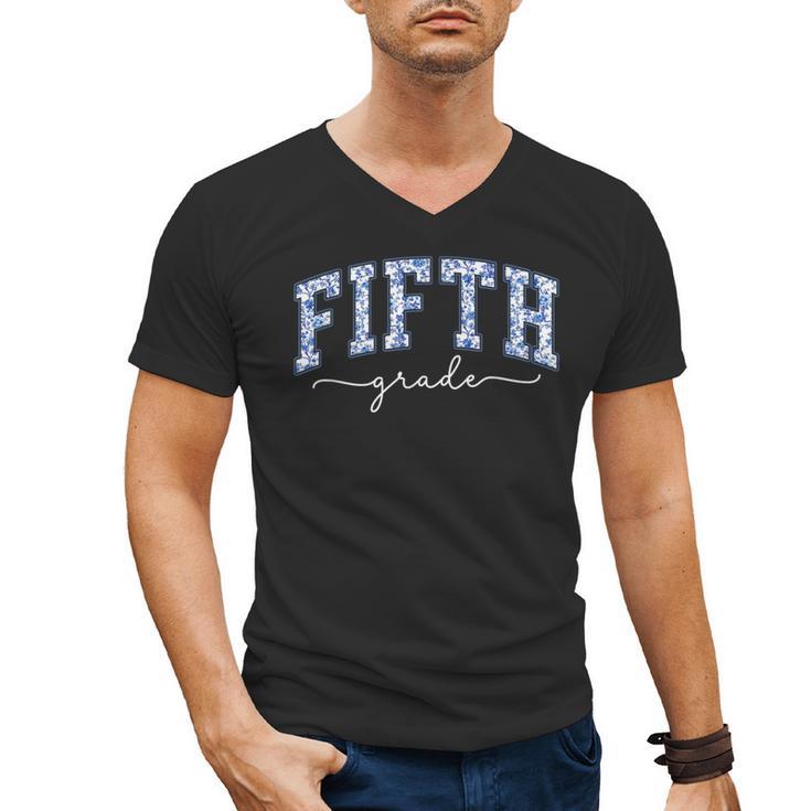 Fifth Grade Coquette Toile Blue Bow Floral Women Teacher Men's V-Neck T-Shirt