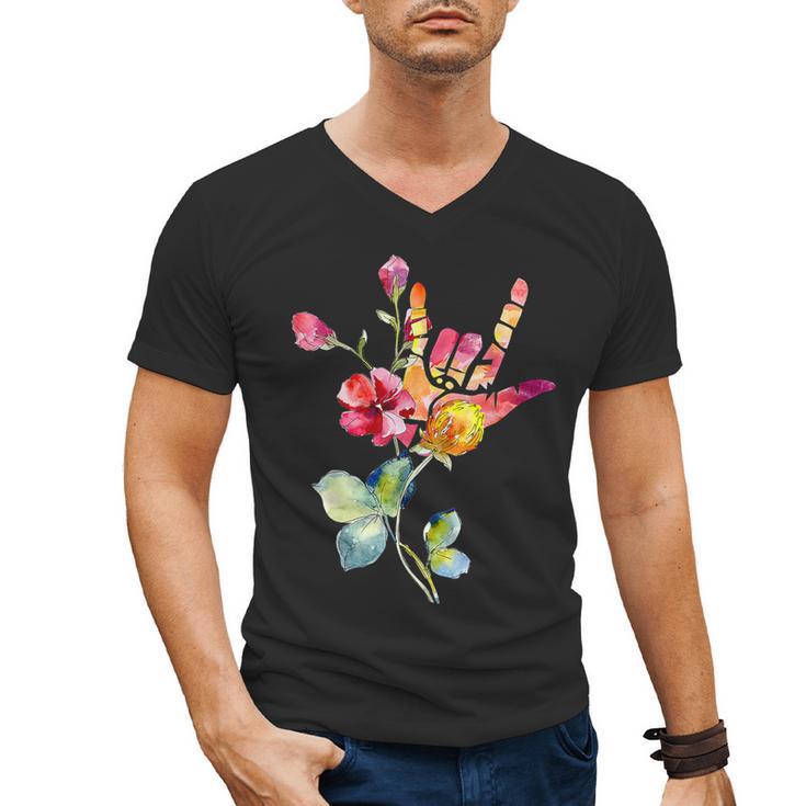Flower American Sign Language ASL Teacher Teaching Deaf Men's V-Neck T-Shirt