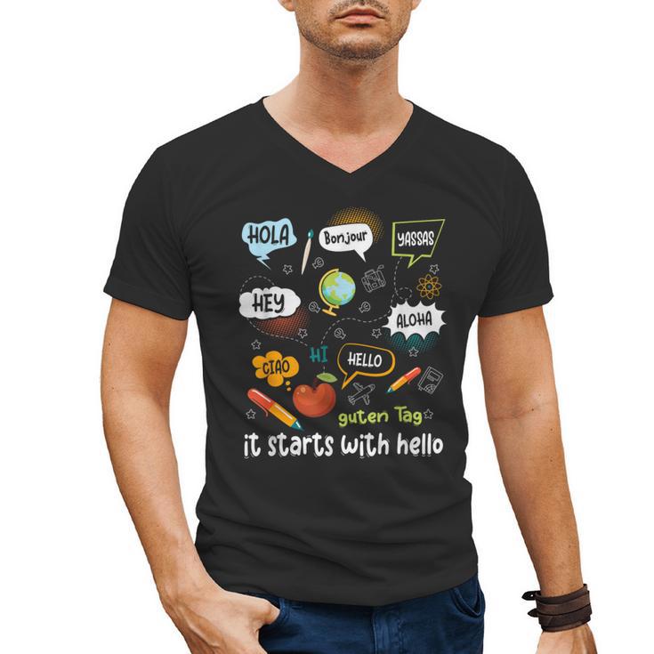 Friendship Inclusion Language Teacher It Starts With Hello Men's V-Neck T-Shirt, trending gift Friendship Inclusion Language Teacher It Starts With Hello Men's V-Neck T-Shirt, trending gift