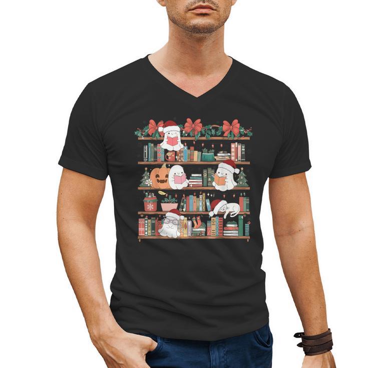 Ghost Christmas Reading Book Lover Library Christmas Teacher Men's V-Neck T-Shirt