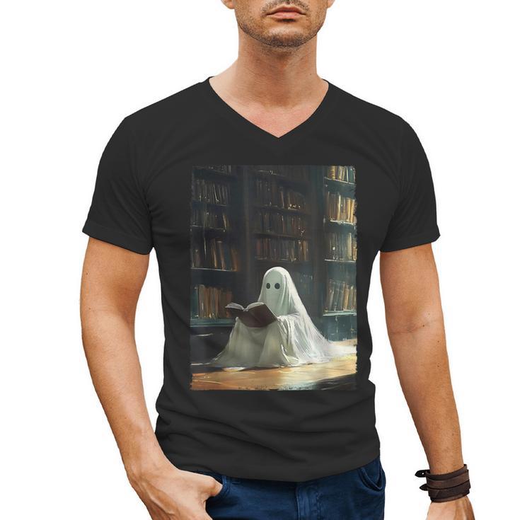 Ghost Library Halloween Book Reading Books Lover Teacher Men's V-Neck T-Shirt