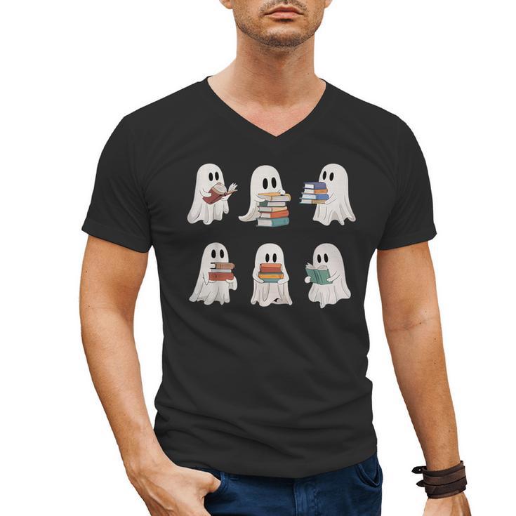 Ghost Reading Books Teacher Halloween Librarian Cute Boook Men's V-Neck T-Shirt
