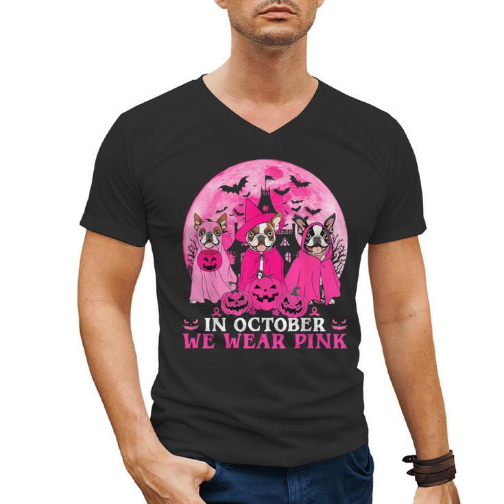 Ghost And Witch Boston Terrier Dog In October We Wear Pink Men's V-Neck T-Shirt