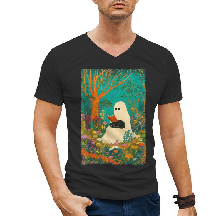 Groovy Ghost Reading Book Cat Halloween Ghost Teacher Men's V-Neck T-Shirt