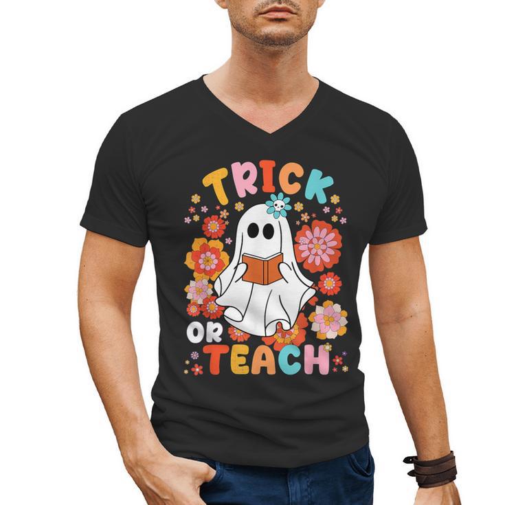 Groovy Halloween Trick Or Teach Retro Floral Ghost Teacher For Men Women Kids Men's V-Neck T-Shirt