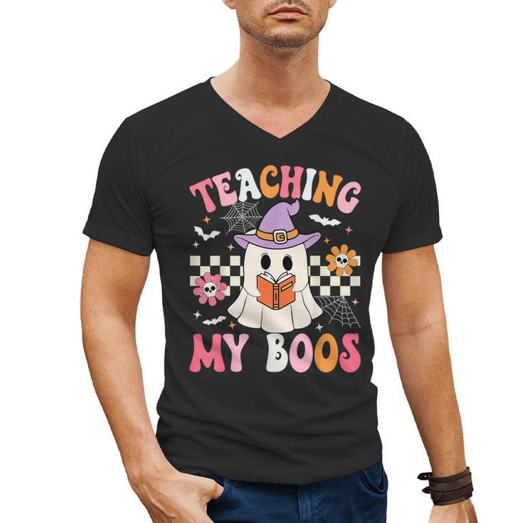 Groovy Teaching My Boos Teacher Ghost Halloween Teacher Men's V-Neck T-Shirt