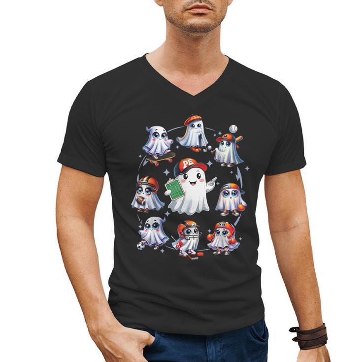 Halloween PE Teacher Ghost Playing Sports Physical Education Men's V-Neck T-Shirt