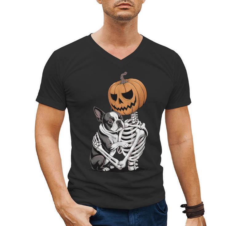 Halloween Skeleton Boston Terrier Men's V-Neck T-Shirt