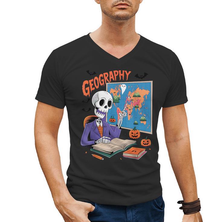 Halloween Skeleton Geography Teacher Pumpkin Bats Classroom Men's V-Neck T-Shirt