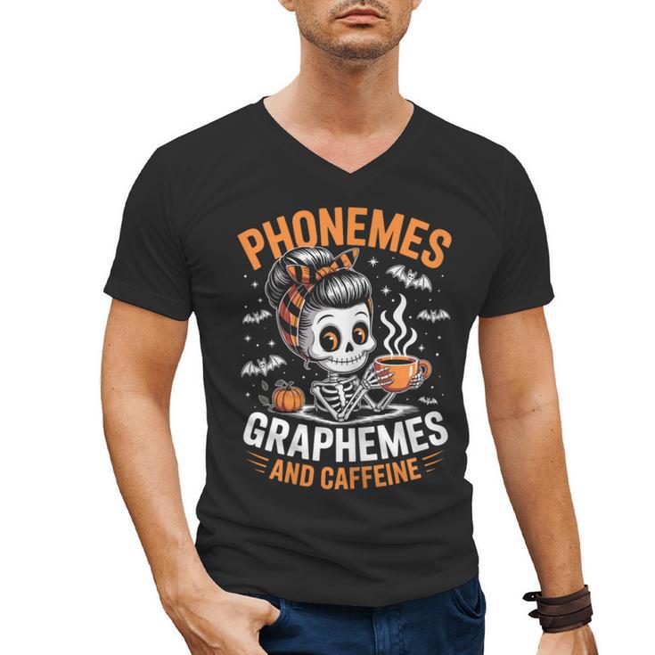 Halloween Skeleton Teacher Phonemes Graphemes Caffeine Lover Men's V-Neck T-Shirt