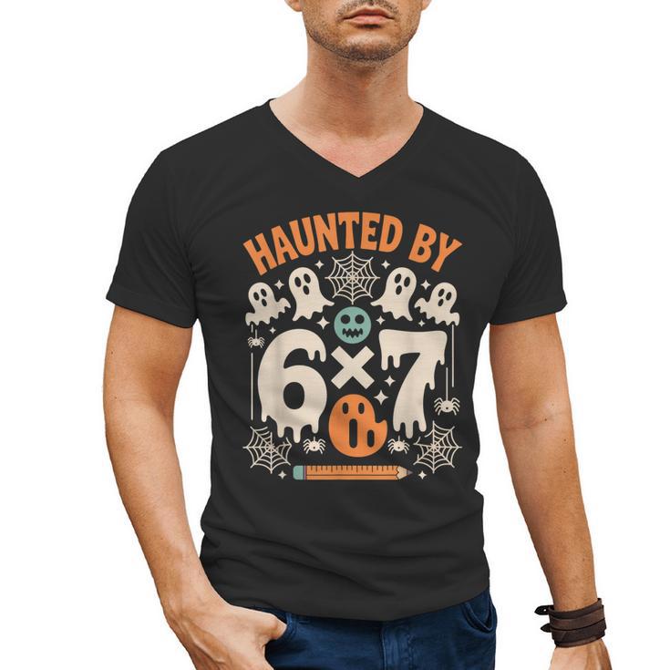 Haunted By 6x7 Math Teacher Halloween Pun Men's V-Neck T-Shirt