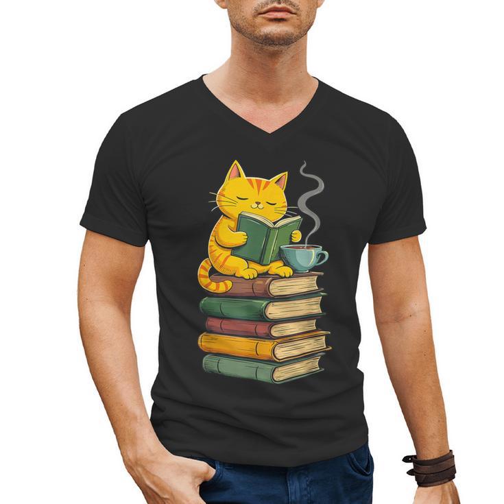 Kawaii Cats Lover Coffee Books Teacher Librarian Cat Men's V-Neck T-Shirt