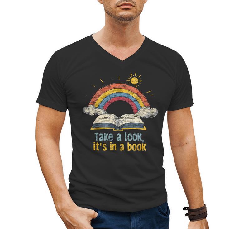 Take a Look It's In a Book Vintage Reading Teacher Rainbow Men's V-Neck T-Shirt