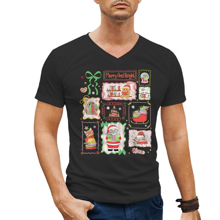 Merry And Bright Christmas Gingerbread Santa Book Teacher Men's V-Neck T-Shirt