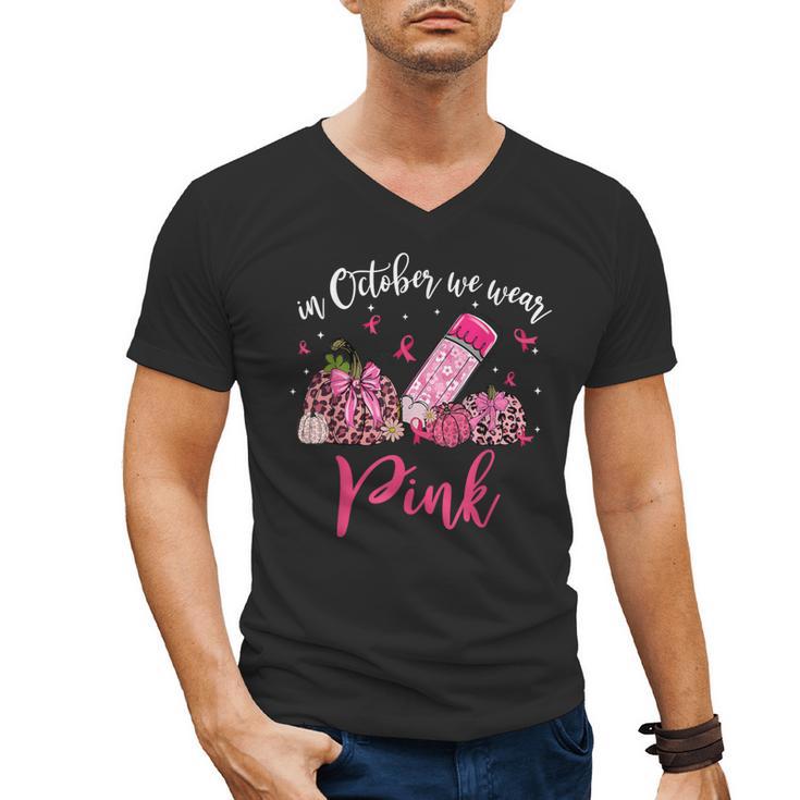 In October We Wear Pink Apple Teacher Daisy Breast Cancer Men's V-Neck T-Shirt