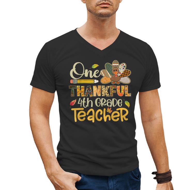One Thankful 4th Grade Teacher Turkey Leopard Thanksgiving Men's V-Neck T-Shirt