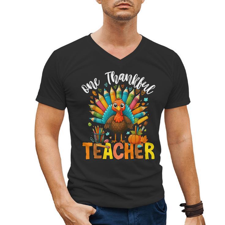 One Thankful Teacher Thanksgiving Turkey Cute Crayon Pencil Men's V-Neck T-Shirt