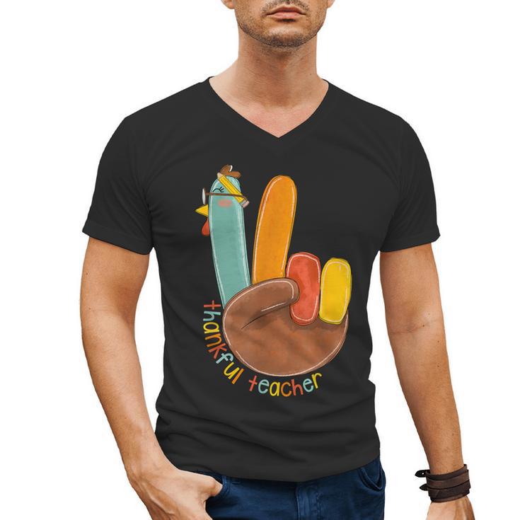 One Thankful Teacher Thanksgiving Turkey Peace Hand Sign Men's V-Neck T-Shirt