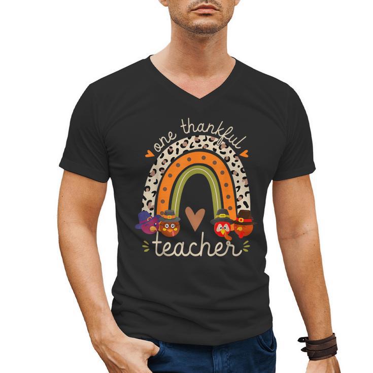 One Thankful Teacher Thanksgiving Turkey Rainbow Fall Men's V-Neck T-Shirt