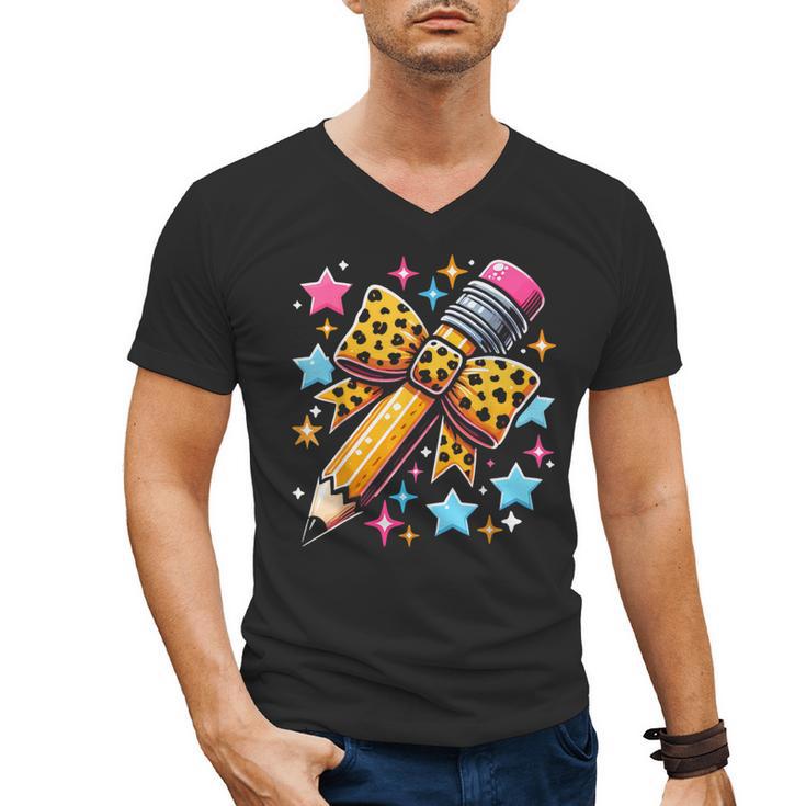 Pencil Leopard Coquette Bow Teacher Life Back To School Men's V-Neck T-Shirt