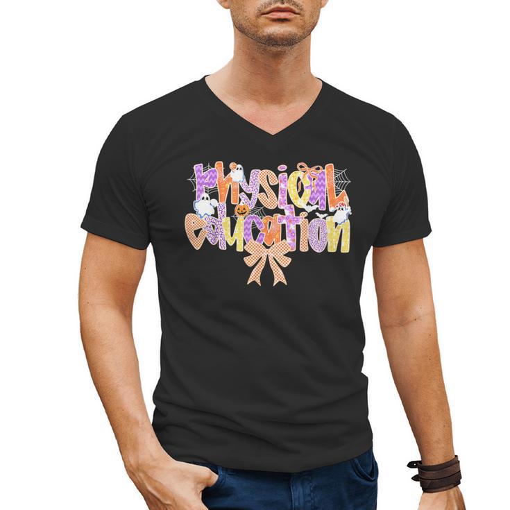 Physical Education Halloween Bow Checkered Teacher Ghost PE Men's V-Neck T-Shirt