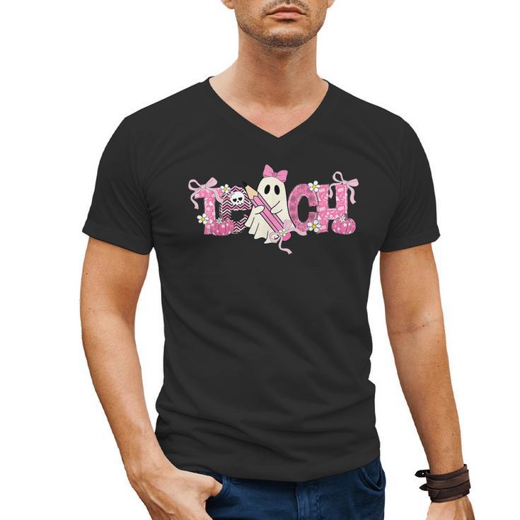 Pink Ghost Teach Halloween Teacher In Spooky Season Men's V-Neck T-Shirt