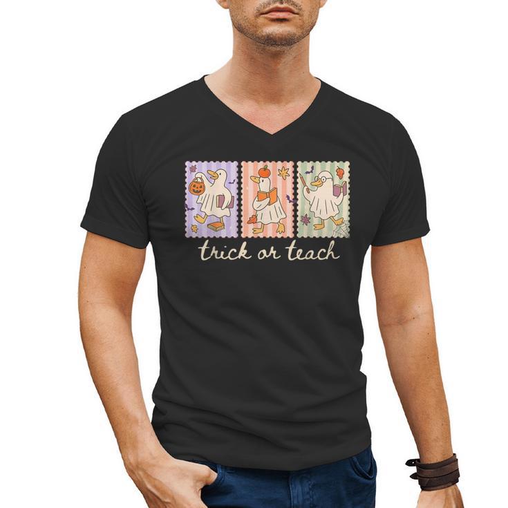 Preppy Goose Teacher Trick Or Teach Halloween Teacher Goose Men's V-Neck T-Shirt
