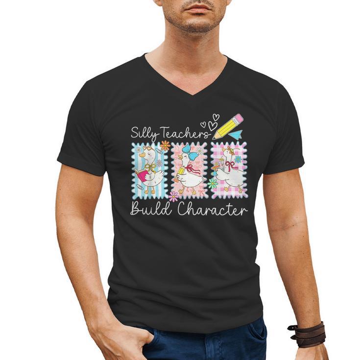 Preppy Silly Teacher Goose Build Character Back To School Men's V-Neck T-Shirt