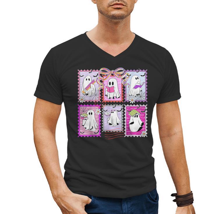 Preppy Spooky Teacher Halloween Ghost Coquette Bow Autumn Men's V-Neck T-Shirt