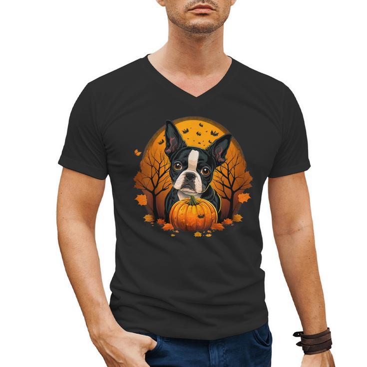 Pumpkin Boston Terrier Costume On Boston Terrier Halloween Men's V-Neck T-Shirt