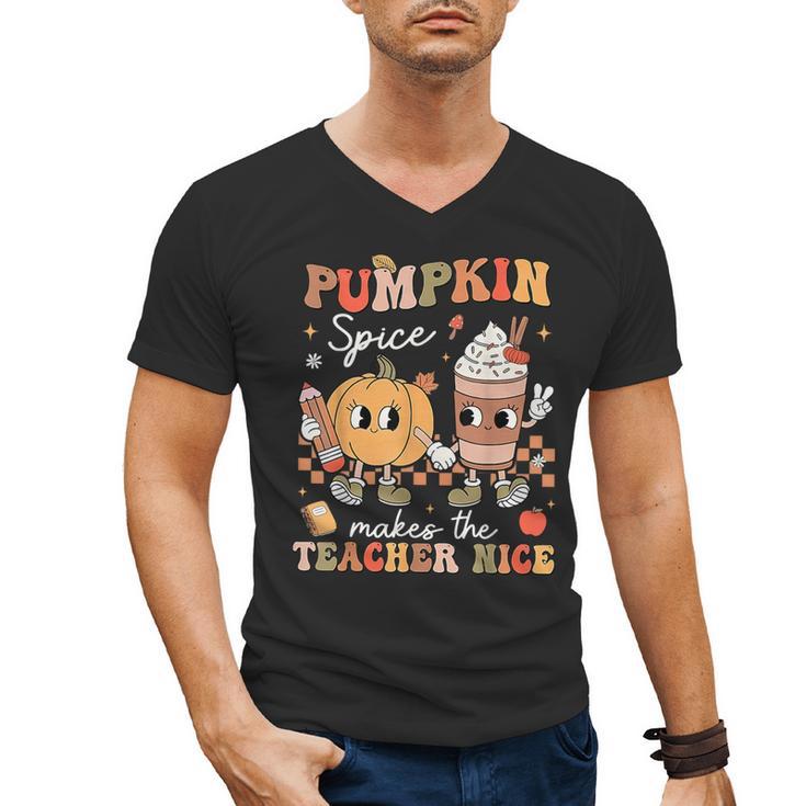 Pumpkin Spice Makes Teacher Nice Retro Fall Spooky Season Men's V-Neck T-Shirt