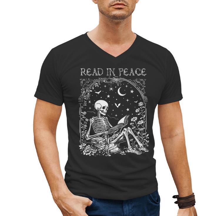Read In Peace Skeleton Reading Teacher Spooky Halloween Men's V-Neck T-Shirt, trending gift