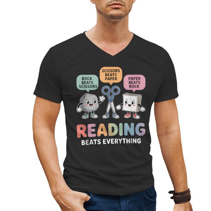 Reading Beats Everything Teacher Rock Paper Scissors Men's V-Neck T-Shirt
