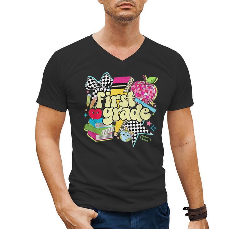 Retro First Grade Teacher Disco Ball Coquette Back To School Men's V-Neck T-Shirt