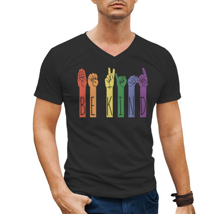 Retro Be Kind ASL Deaf Teacher Sign Language Gay Pride Men's V-Neck T-Shirt